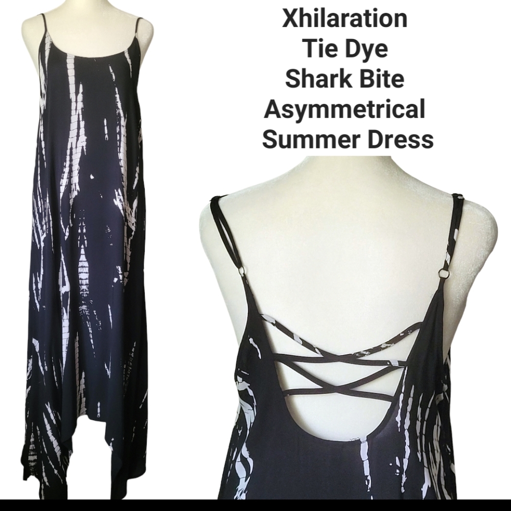 Xhilaration Tie Dye Shark Bite Asymmetrical Summer Dress Black and White Size L